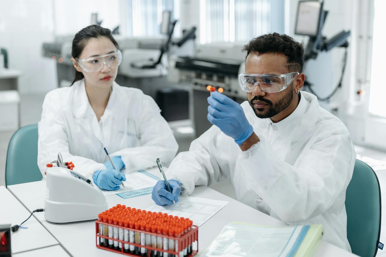 Scientists conducting biomedical research in a modern laboratory